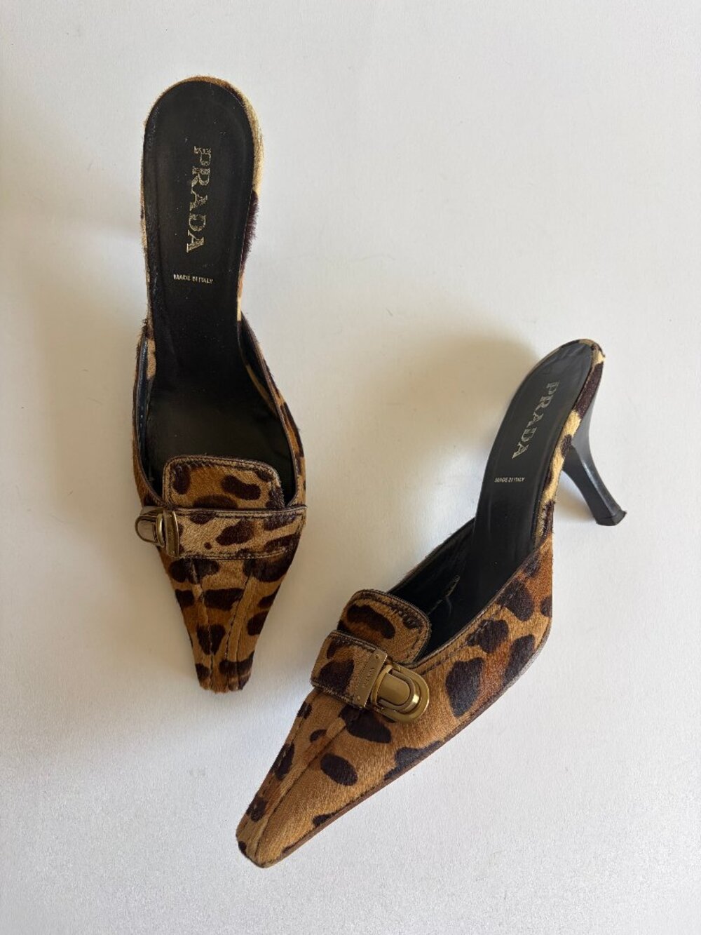VINTAGE PRADA LEOPARD CALF HAIR POINTED TOE MULES